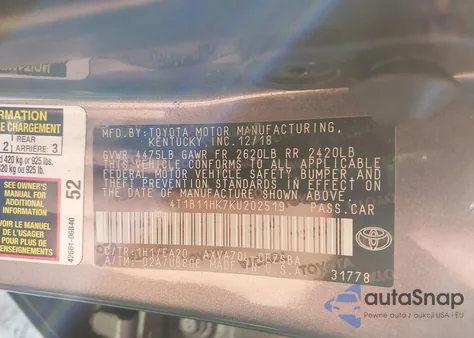 2019 Toyota Camry Se z USA, uszkodzony, nr VIN 4T1B11HK7KU202519